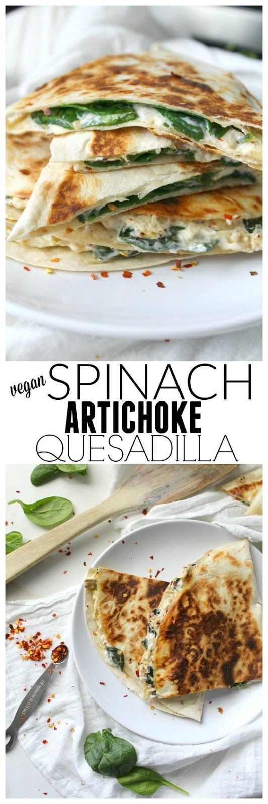 Two favorite snacks are combined into one with these Vegan Spinach Artichoke Quesadillas. These are ooey, gooey and super delicious.