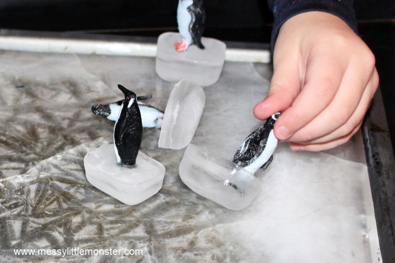 Ice play for kids. Ice skating penguin small world
