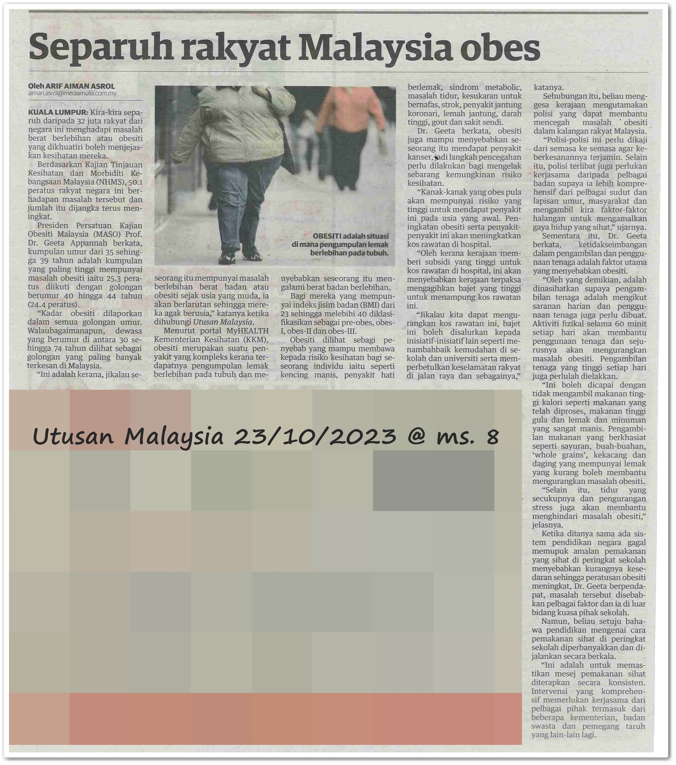 Separuh rakyat Malaysia obes - Keratan akhbar Utusan Malaysia 23 Oktober 2023