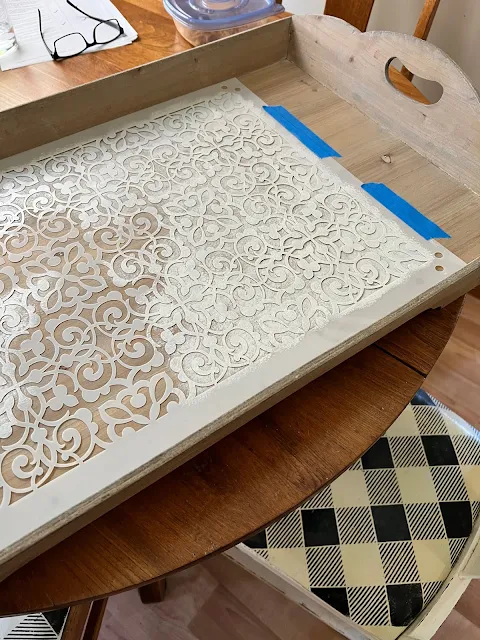 Photo of Goodwill tray upcycled with a Moroccan stencil and hemp oil.