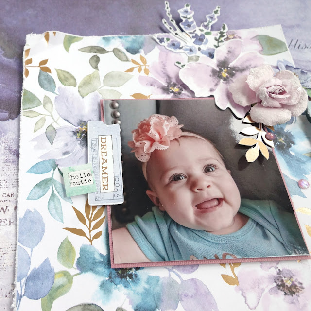newborn photo scrapbook layout made with the Prima Marketing Watercolor Floral collection: ephemera, patterned paper, paper flowers, crystals; and Scrapbook.com adhesives: smart glue, foam adhesive