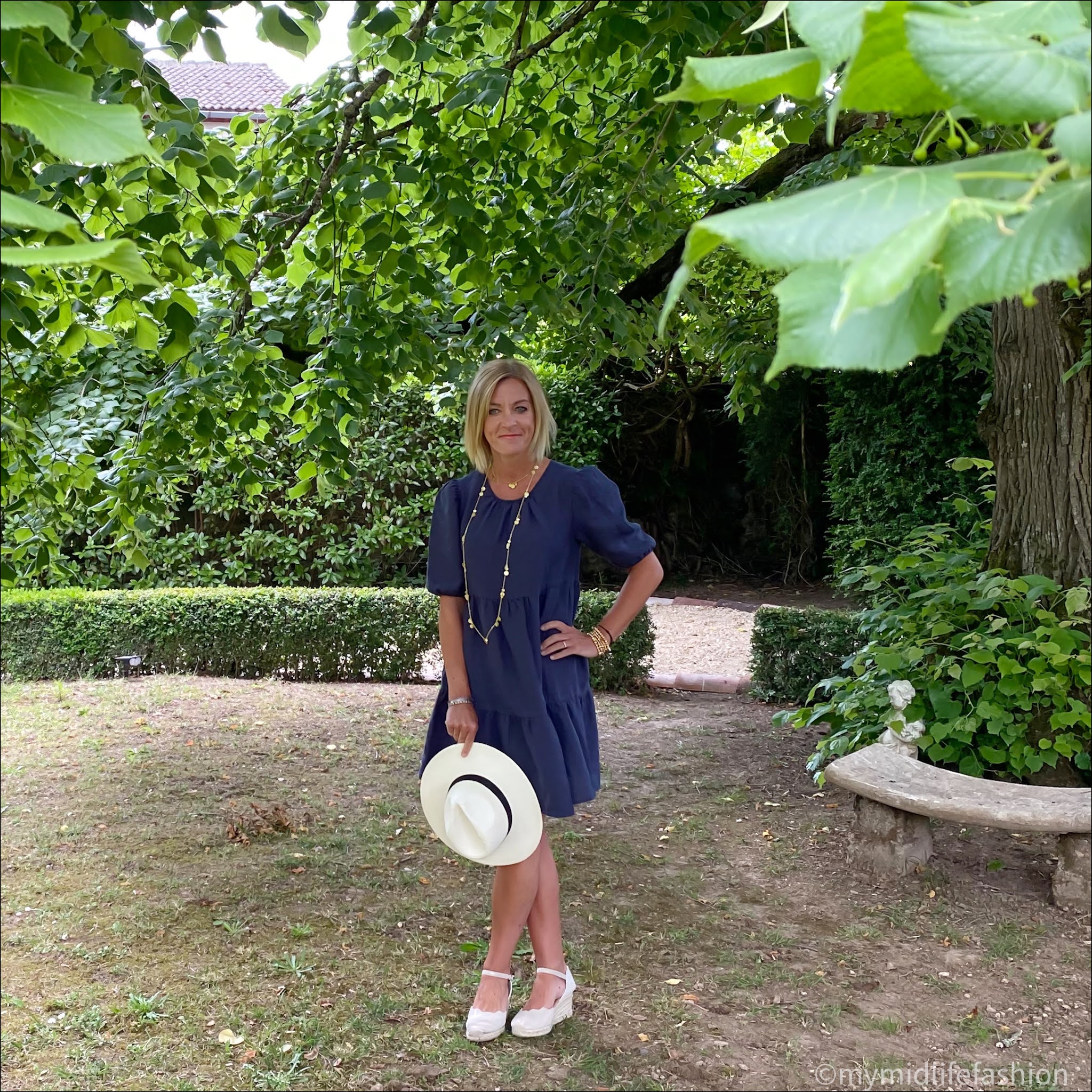 my midlife fashion, Baukjen Lucy hemp dress, ashiana coin necklace, Zara Panama hat, carl scrap Brittany metallic wedge sandals