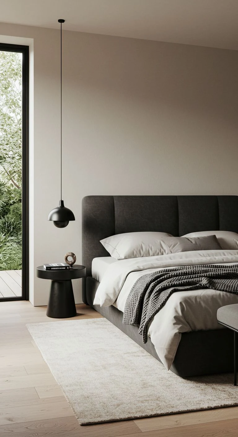 Minimalist Grey Contemporary Bedroom with Outdoor Connection