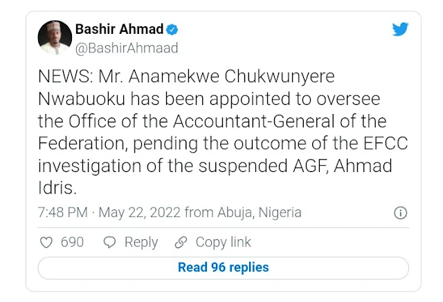 Alt: = "Bashir Ahmad Tweet on appointment of new Accountant General of the Federation"