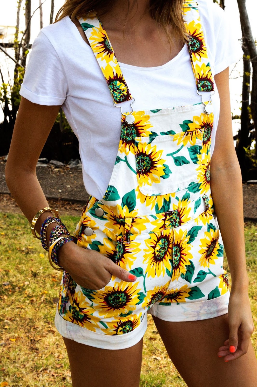 Sunflower Print High-Waisted Pockets Overall