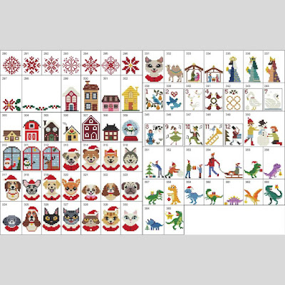 365 small Christmas cross stitch patterns of houses, dogs, cats, etc.