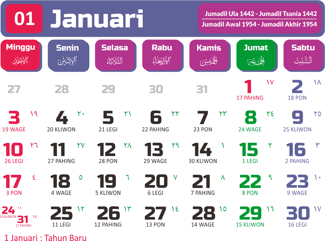  Kalender  2021  Bulan Januari  Lengkap lengkip