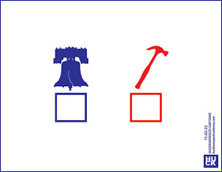 Ballot with two checkboxes.  One, blue, is under a picture of the Liberty Bell.  The other, in red, under a hammer.