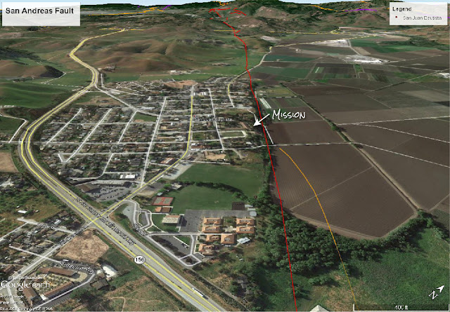 Google Earth image with USGS fault locations, annotated by RocDocTravel.com