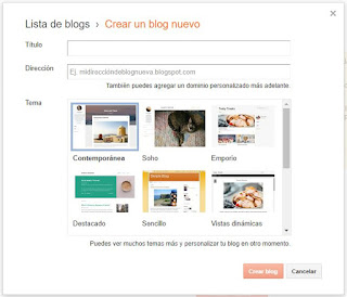 Pantalla para ingresar título, dirección y tema de nuestro blog en Blogger