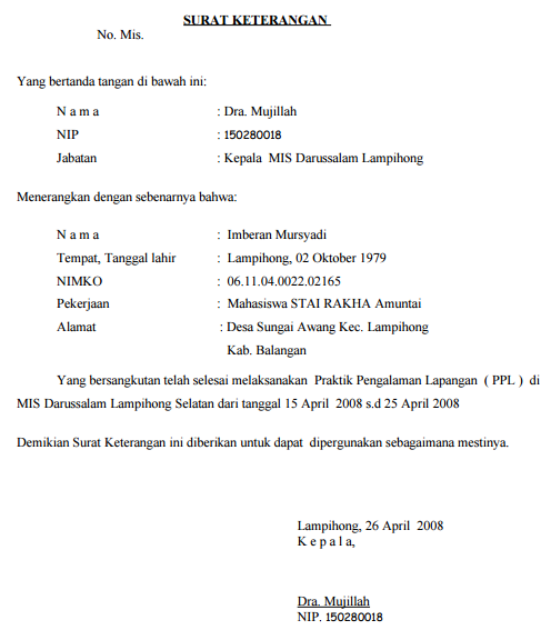 Contoh Surat Keterangan Telah Melaksanakan PPL Mahasiswa 