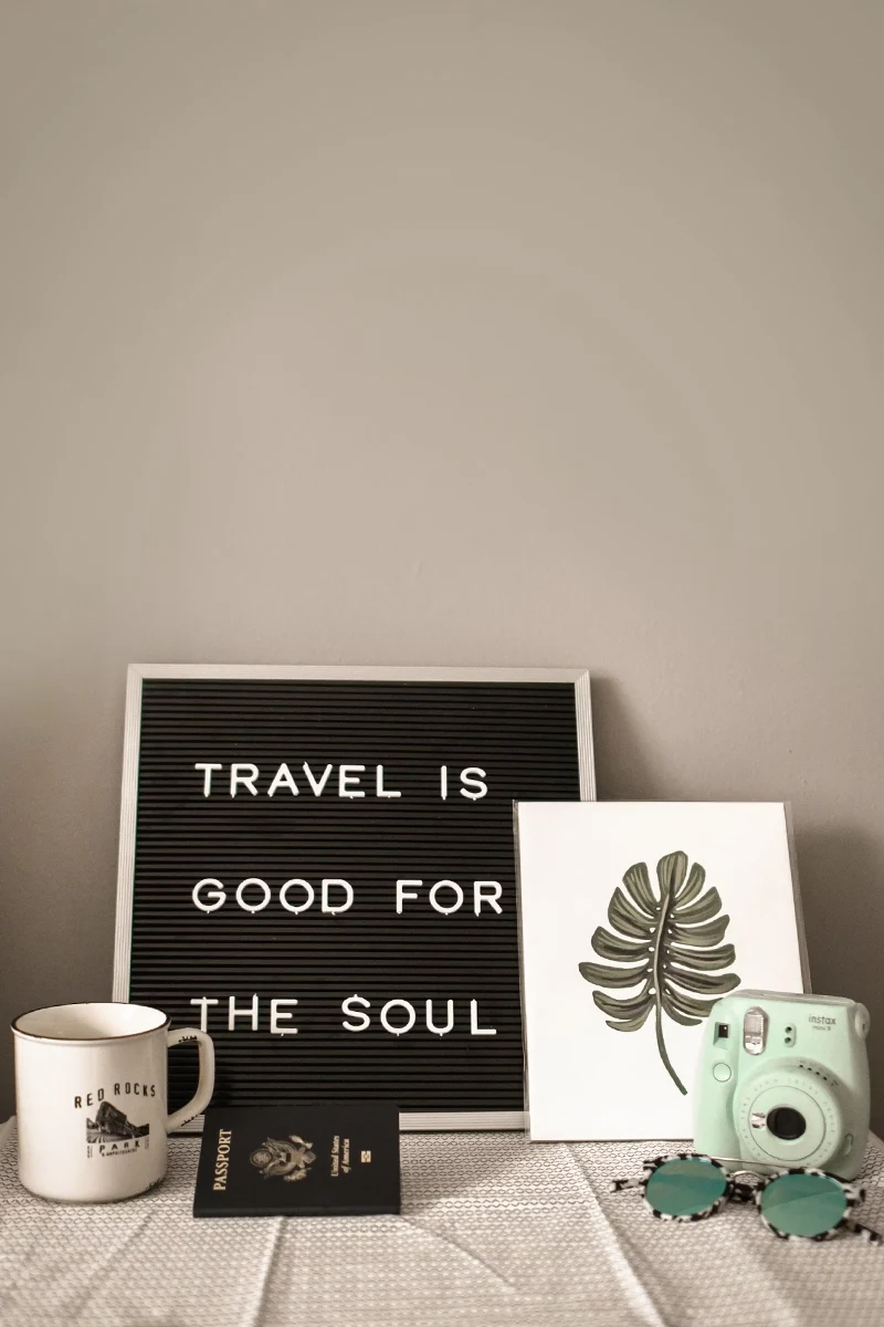 poster hanging on a wall with a saying : travelling is good for the soul