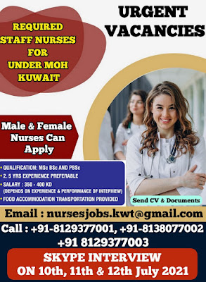 Urgently Required Male & Female Staff Nurses to Kuwait Under MOH