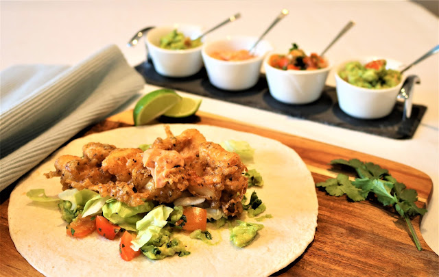 Fish Tacos with Homemade Salsa, Guacamole & Chipotle Garlic Mayonnaise