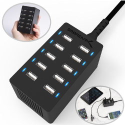 Sabrent 60 Watt (12 Amp) 10-Port Family-Sized Desktop USB Rapid Charger. Smart USB Charger with Auto Detect Technology for iPhone 6 5s 5c 5, iPad Air mini, Galaxy S5 S4, Note 3 2, the new HTC One (M8), Nexus and More