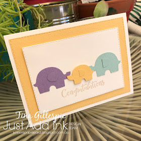 scissorspapercard, Stampin' Up!, Just Add Ink, Peaceful Moments, Subtle 3DEF, Stitched Rectangles Dies, Elephant Builder Punch, Baby Card