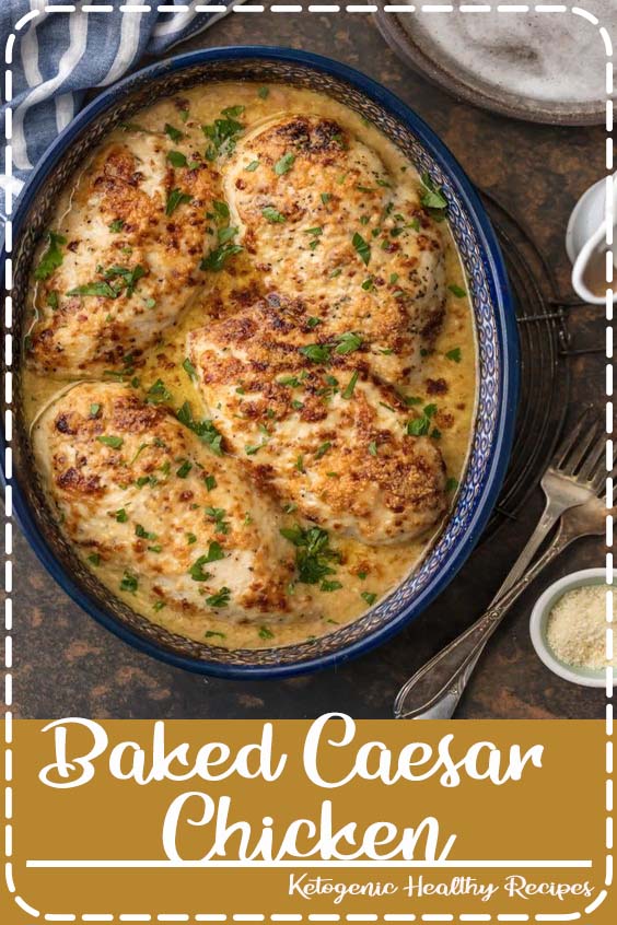 This Baked Caesar Chicken Recipe is an easy 4 ingredient recipe you can make any night. It’s the type of pantry recipe you can throw together in minutes and happily feed the whole family!