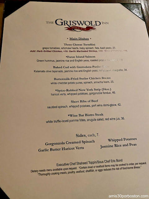 Carta de Cenas de Griswold Inn en Connecticut
