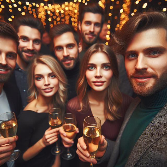 un gruppo di uomini e donne durante la festa di Capodanno guardando nella fotocamera