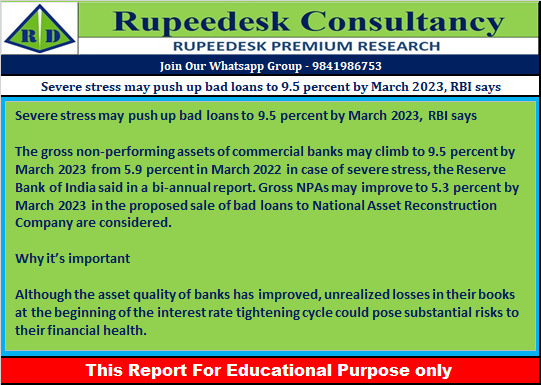 Severe stress may push up bad loans to 9.5 percent by March 2023, RBI says - Rupeedesk Reports - 01.07.2022