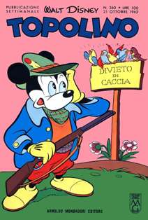 Topolino 360 - 21 Ottobre 1962 | ISSN 1120-611X | CBR 215 dpi | Settimanale | Fumetti Classici | Universo Disney
Numero volumi : IN CORSO
Topolino apparve in Italia il 30 marzo 1930, quando sul n.13 del settimanale torinese Illustrazione del Popolo, diretto da Lorenzo Gigli, fu pubblicata la prima striscia disegnata da Ub Iwerks e intitolata Le avventure di Topolino nella giungla. Due anni dopo si ha il primo libro illustrato italiano con le sue immagini: Sua Altezza Reale il Principe Codarello e, poco più tardi, il 31 dicembre 1932, esce il primo numero di Topolino in formato giornale, edito da Nerbini.
Sulla falsariga del celebre Corriere dei Piccoli, anche Topolino si presentava ai lettori con periodicità settimanale e si apriva con una breve storia in cui le didascalie sono scritte in rima e realizzata da Giove Toppi, che divenne quindi il primo autore Disney italiano. Sul settimanale della Nerbini, comunque, trovano spazio soprattutto le strisce e le tavole realizzate da Floyd Gottfredson. In queste storie vengono anche introdotte delle didascalie in rima, scritte dal primo direttore della rivista, Paolo Lorenzini (detto Collodi Nipote in quanto nipote di Carlo Collodi), e viene anche assegnato il nome definitivo alla spalla di Topolino, ovvero quel Pippo un po' lunatico e un po' svampito che sui libri della Salani veniva ancora chiamato Medoro.
Nerbini non si era assicurato correttamente i diritti di pubblicazione: quando aveva varato la sua rivista, infatti, si era rivolto al Consorzio Cinematografico E.I.A., il distributore dei cortometraggi di Topolino, quando in realtà i diritti per le riviste erano stati dati in mano al giornalista Guglielmo Emanuel dallo stesso Disney. Per cui, per un paio di numeri, la testata passò da Topolino a Topo Lino, per poi riprendere la nota testata con il n.7. Il Topolino Giornale era formato da otto pagine e non conteneva solo storie a fumetti Disney ma anche storie non-Disney che anzi erano di solito la maggioranza delle storie presenti in un numero.
Il numero 137 del Topolino Giornale, dell'11 agosto 1935, segna il passaggio di consegne da Nerbini alla Mondadori. Il fascismo, tuttavia, causò dei problemi al giornale. Dal 1938, il Min.Cul.Pop. (Ministero della Cultura Popolare) impone alla stampa di non editare più i protagonisti del fumetto popolare americano. Il solo Topolino è risparmiato, e così il suo logo e il suo personaggio possono continuare ad esistere nelle edicole italiane, ma in piena seconda guerra mondiale, a partire dal n.476 del 27 gennaio 1942, anche il settimanale è costretto a cedere alle restrizioni. Lo sostituisce Tuffolino, un ragazzetto dalle medesime caratteristiche fisiche, disegnato dal grande illustratore Pierlorenzo De Vita. Con la fine del fascismo, le avventure di Topolino poterono di nuovo essere pubblicate.
Alla fine degli anni quaranta, però, i giornali a fumetti che pubblicavano storie a puntate di non più di due tavole ad episodio erano irrimediabilmente in crisi, e così lo stesso Topolino, le cui vendite erano di gran lunga calate rispetto al periodo d'oro. Mondadori, però, non poteva rinunciare alla rivista da edicola per non perdere i ricchi diritti delle pubblicazioni da libreria, così decise un doloroso ma necessario cambio di formato e periodicità. Nel 1949 nasce così il periodico a fumetti Topolino formato libretto, all'inizio con cadenza mensile, quindi quindicinale e, infine, settimanale, fino a giungere a oggi al suo sessantesimo anniversario e con oltre 3000 numeri usciti, ricchi di storie tra le più famose, con autori da Carl Barks a Romano Scarpa, da Floyd Gottfredson a Giovan Battista Carpi e così via.