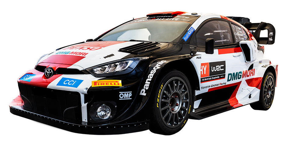 Front 3 quarter picture of 2022 WRC Rally1 Hybrid specification Toyota Yaris WRC rally car