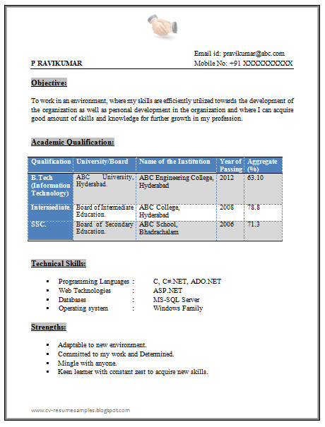 Resume Format For Freshers B.com Free Download