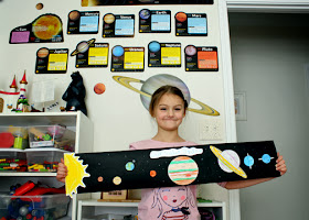 Tessa created this out-of-this-world planet chart with the Evan-Moor "Put the Planets in Order" lesson from above. She painstakingly colored the planets and then pasted them in order on black cardstock (several pieces taped together). She also drew the sun.