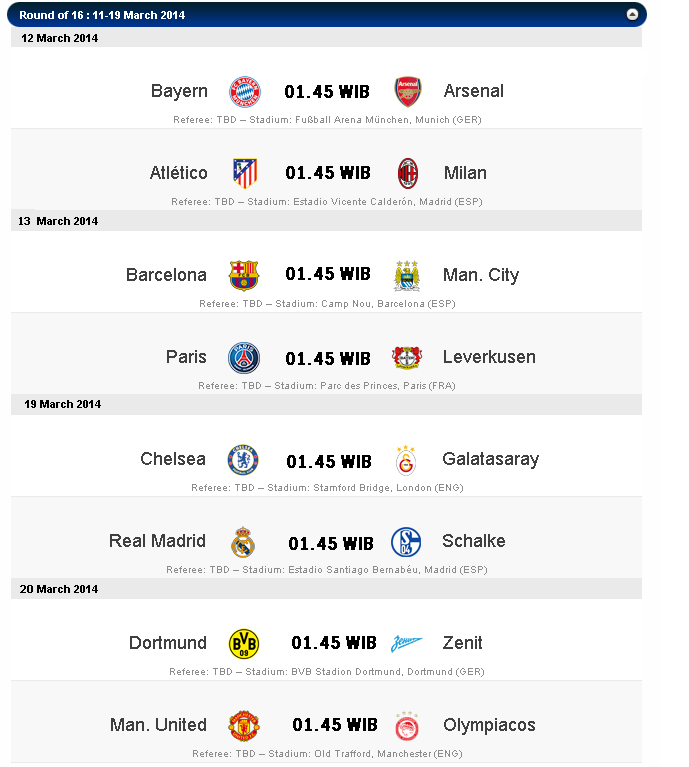 Hasil & Jadwal Babak 16 Besar Liga Champion 2014 