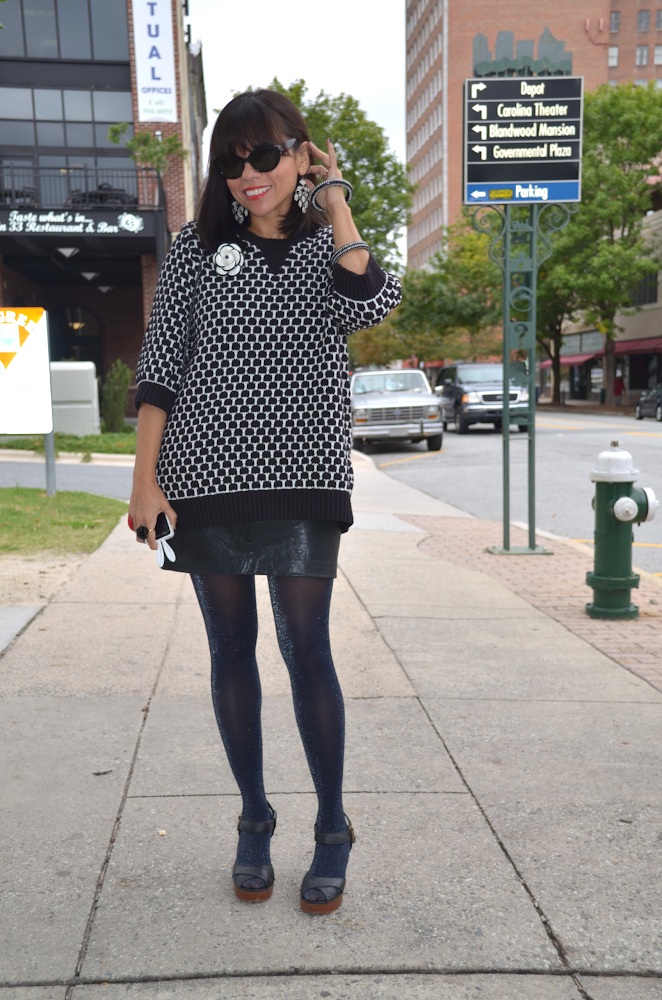 Leather skirt with sweater