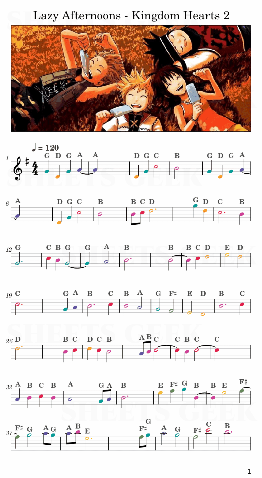 Lazy Afternoons - Kingdom Hearts 2 Easy Sheet Music Free for piano, keyboard, flute, violin, sax, cello page 1