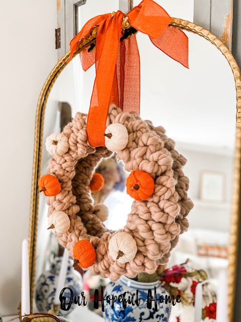 orange wire ribbon fall wreath mirror mantel