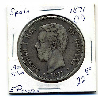 Spain 5 Pesetas 1871(71),.900 Silver,Fine