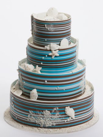 Three tier powder blue round wedding cake with brown trimming