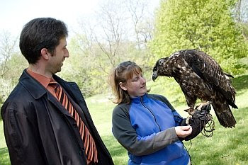 Der Tübinger OB Boris Palmer, die Raubvogelexpertin Francie Krawcke und ein junger Weißkopf-Seeadler im Leslie Science and Nature Center Ann Arbor © Cornelia Schaible