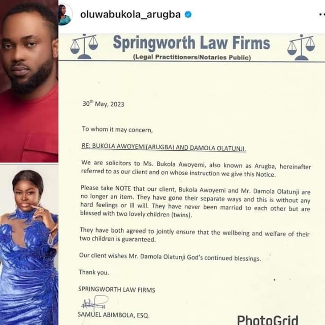 HOTGIST: Arugba divorces her husband Damola Olatunji.