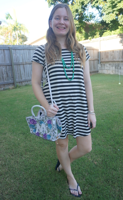 cotton on tina striped tee dress with floral bag and green necklace | awayfromtheblue