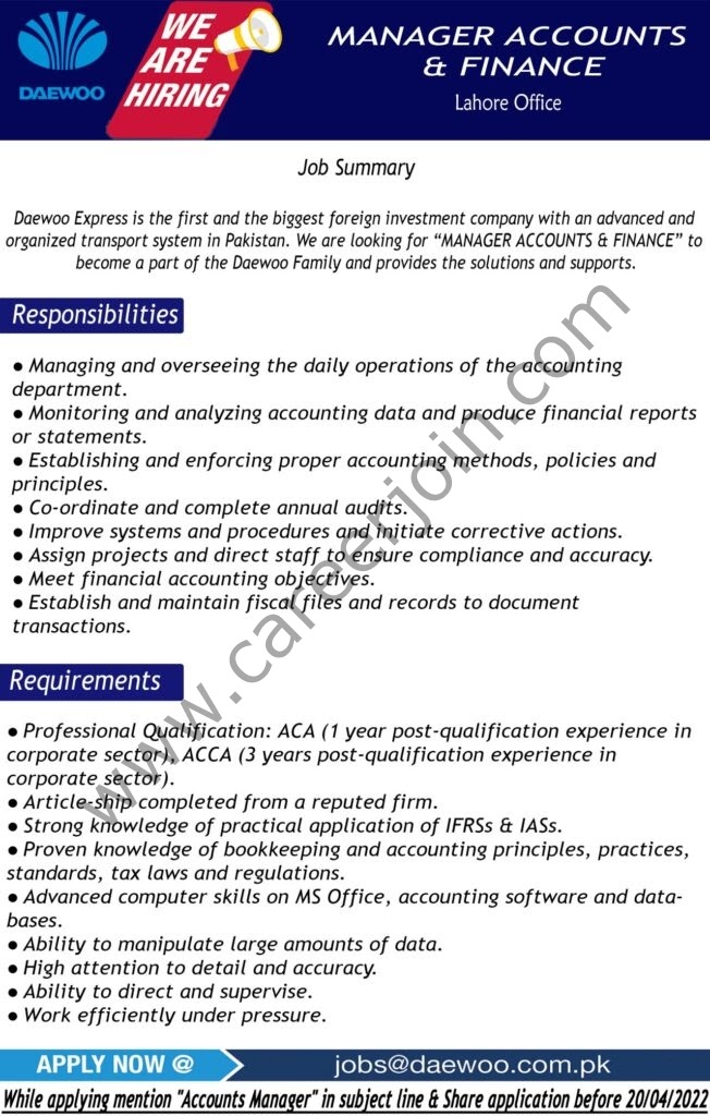 Daewoo Express Jobs Manager Accounts & Finance