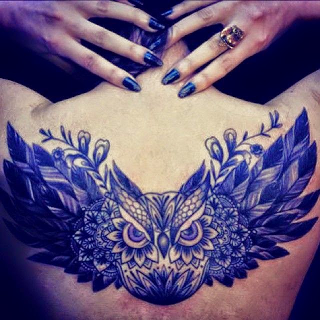 Owl Tattoo Women Back Design, Women Back Owl Design Tattoo, Owl Design Women Back Tattoo, Women Owl Back Design Tattoo, Women, Birds, Animal, Parts,