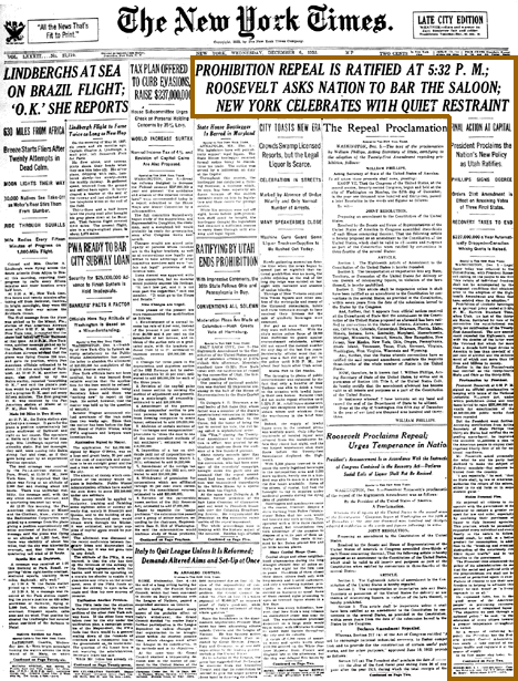 New York Times front page: 5 December 1933