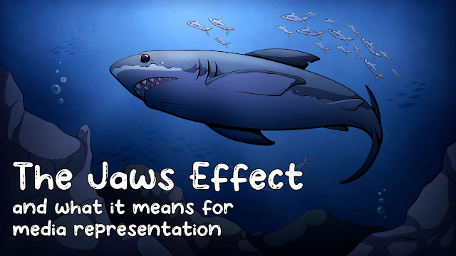 An illustration of a Great White Shark swimming near the rocky bottom of the ocean, surrounded by silver fish. In the bottom left corner of the image is "The Jaws Effect and what it means for media representation" in big, white bubble text.