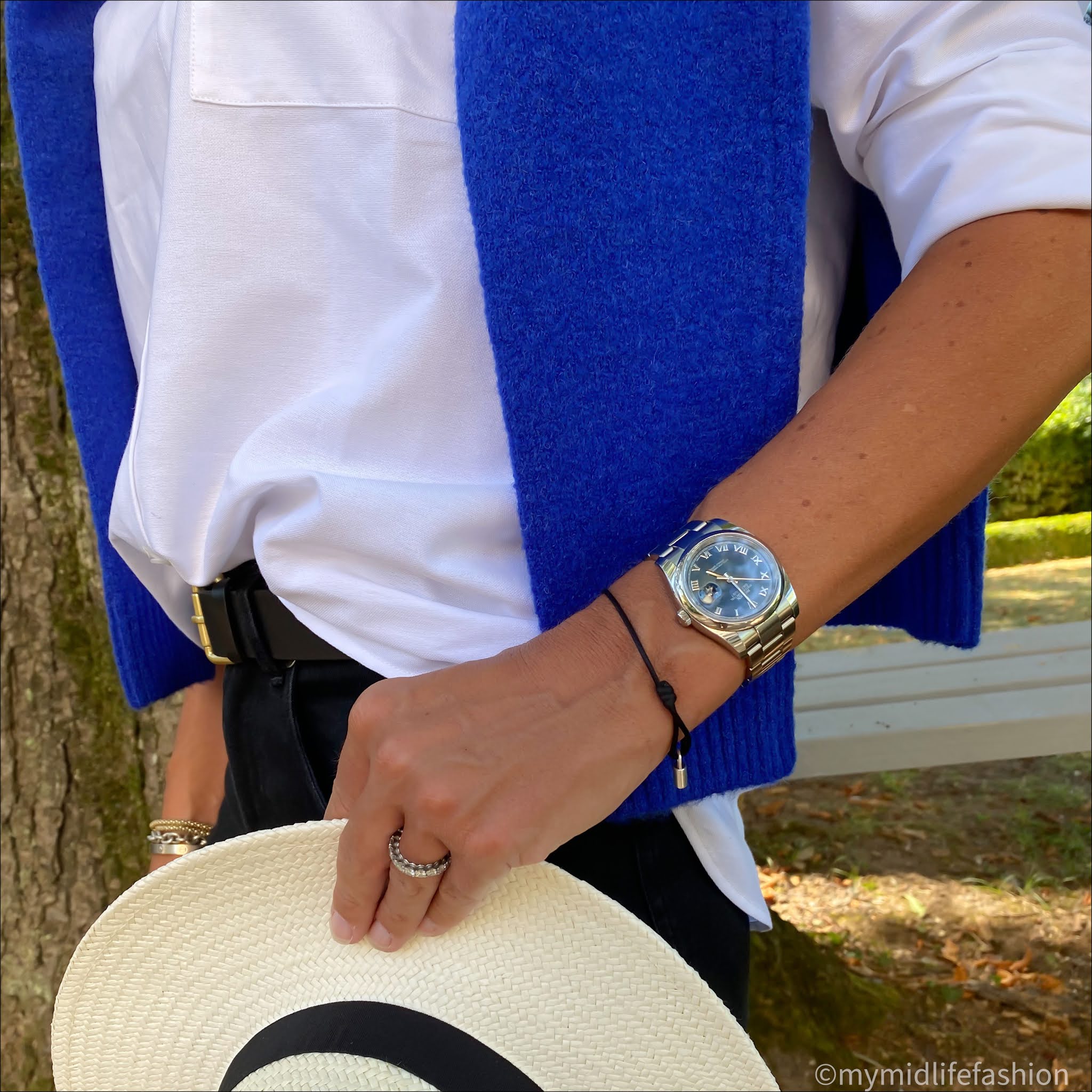my midlife fashion, baukjen the boyfriend jeans, baukjen Rhiannon v neck jumper, buakjen heather organic cotton shirt, zara Panama hat, boden classic leather belt, Ancient Greek sandals