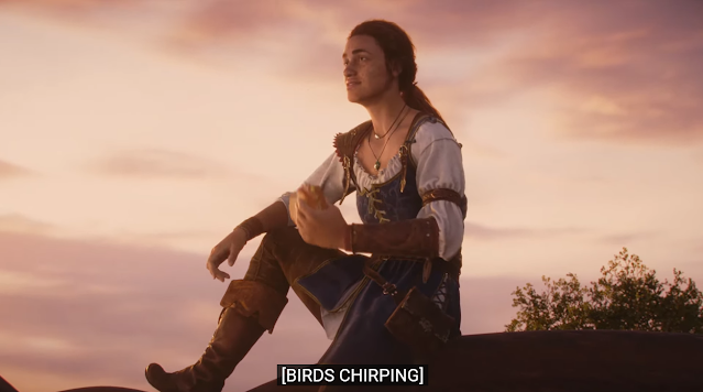 Xbox Games Showcase 2023 Fable protagonist woman eats a hamburger as birds chirp