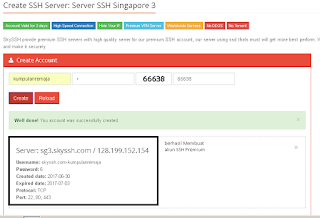 Sukses Membuat Akun SSH Premium Server Singapura