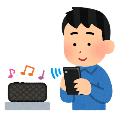 無線スピーカーで音楽を聴く人のイラスト（男性）