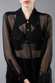 Vintage 1990's Chanel sheer black button down blouse with gold buttons.
