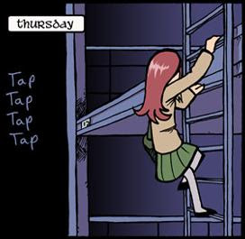 Antimony Carver climbing the ladder to her bunk bed.