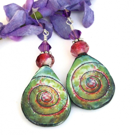 ceramic spiral jewelry in green pink purple