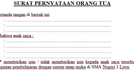 Surat Pernyataan Orang Tua Izin Pembelajaran Tatap Muka Sman 1 Liwa Official