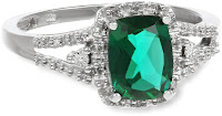 10k White Gold Cushion Created Emerald with Round Diamond Ring